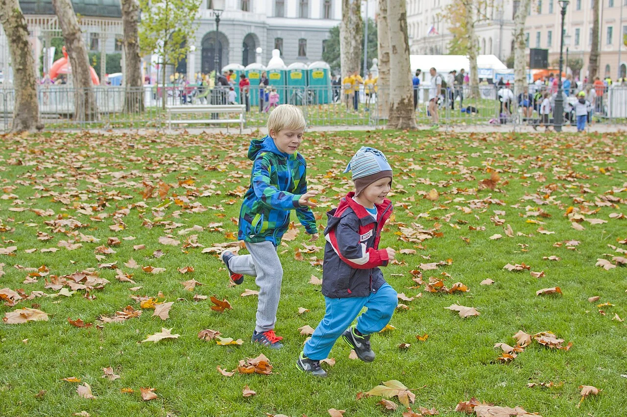 Otroka se igrata med jesenskim listjem v parku