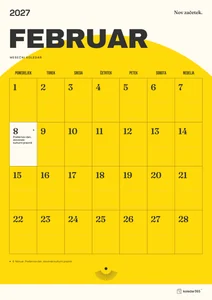 Mesečni koledar za februar 2027, sončni začetek, z dnevi od ponedeljka do nedelje.