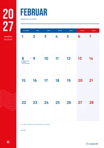 Mesečni koledar za februar 2027, rdeči trak, z dnevi od ponedeljka do nedelje.