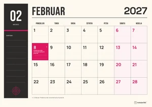 Mesečni koledar za februar 2027, tiskarska izdaja, z dnevi od ponedeljka do nedelje.