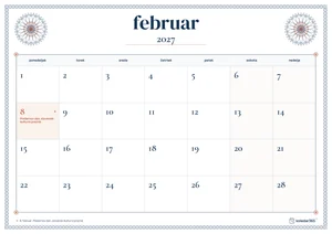 Mesečni koledar za februar 2027, čipkasti rob, z dnevi od ponedeljka do nedelje.
