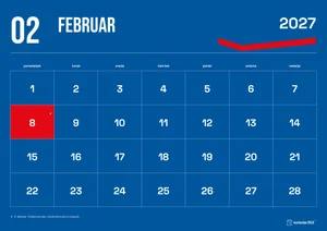 Mesečni koledar za februar 2027, modri koledar, z dnevi od ponedeljka do nedelje.