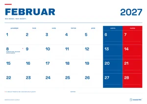 Mesečni koledar za februar 2027, slovenski ritem, z dnevi od ponedeljka do nedelje.