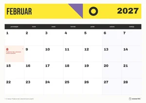Mesečni koledar za februar 2027, konstrukt, z dnevi od ponedeljka do nedelje.