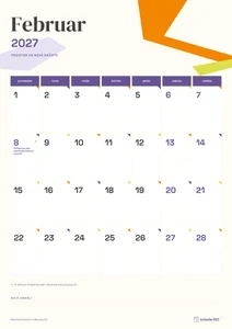 Mesečni koledar za februar 2027, papirnati koledar, z dnevi od ponedeljka do nedelje.