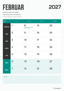 Mesečni koledar za februar 2027, načrtovalnik po tednih, z dnevi od ponedeljka do nedelje.