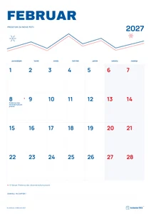 Mesečni koledar za februar 2027, alpska linija, z dnevi od ponedeljka do nedelje.