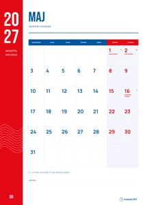 Mesečni koledar za maj 2027, rdeči trak, z dnevi od ponedeljka do nedelje.
