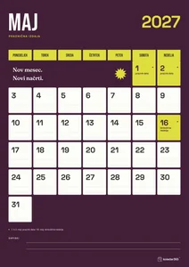 Mesečni koledar za maj 2027, praznična izdaja, z dnevi od ponedeljka do nedelje.
