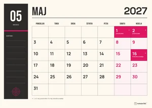 Mesečni koledar za maj 2027, tiskarska izdaja, z dnevi od ponedeljka do nedelje.