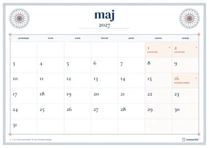 Mesečni koledar za maj 2027, čipkasti rob, z dnevi od ponedeljka do nedelje.