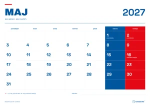 Mesečni koledar za maj 2027, slovenski ritem, z dnevi od ponedeljka do nedelje.