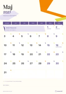Mesečni koledar za maj 2027, papirnati koledar, z dnevi od ponedeljka do nedelje.