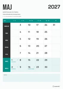 Mesečni koledar za maj 2027, načrtovalnik po tednih, z dnevi od ponedeljka do nedelje.