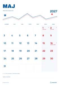 Mesečni koledar za maj 2027, alpska linija, z dnevi od ponedeljka do nedelje.