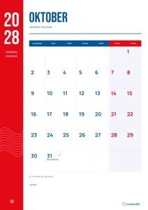 Mesečni koledar za oktober 2028, rdeči trak, z dnevi od ponedeljka do nedelje.
