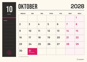 Mesečni koledar za oktober 2028, tiskarska izdaja, z dnevi od ponedeljka do nedelje.