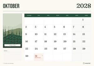 Mesečni koledar za oktober 2028, gozdni ritem, z dnevi od ponedeljka do nedelje.