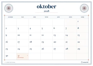 Mesečni koledar za oktober 2028, čipkasti rob, z dnevi od ponedeljka do nedelje.