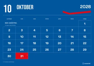 Mesečni koledar za oktober 2028, modri koledar, z dnevi od ponedeljka do nedelje.