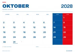 Mesečni koledar za oktober 2028, slovenski ritem, z dnevi od ponedeljka do nedelje.