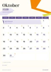 Mesečni koledar za oktober 2028, papirnati koledar, z dnevi od ponedeljka do nedelje.