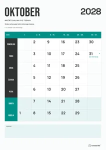 Mesečni koledar za oktober 2028, načrtovalnik po tednih, z dnevi od ponedeljka do nedelje.