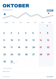 Mesečni koledar za oktober 2028, alpska linija, z dnevi od ponedeljka do nedelje.