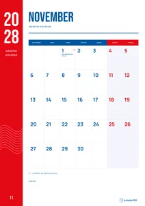Mesečni koledar za november 2028, rdeči trak, z dnevi od ponedeljka do nedelje.