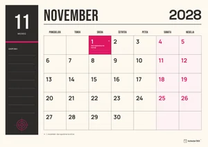 Mesečni koledar za november 2028, tiskarska izdaja, z dnevi od ponedeljka do nedelje.
