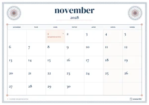 Mesečni koledar za november 2028, čipkasti rob, z dnevi od ponedeljka do nedelje.