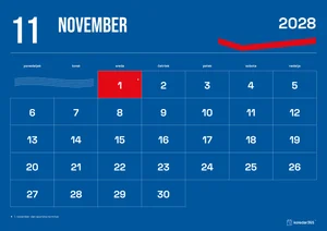 Mesečni koledar za november 2028, modri koledar, z dnevi od ponedeljka do nedelje.