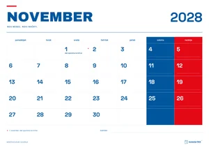 Mesečni koledar za november 2028, slovenski ritem, z dnevi od ponedeljka do nedelje.