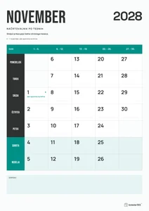 Mesečni koledar za november 2028, načrtovalnik po tednih, z dnevi od ponedeljka do nedelje.