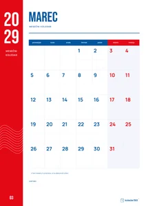 Mesečni koledar za marec 2029, rdeči trak, z dnevi od ponedeljka do nedelje.