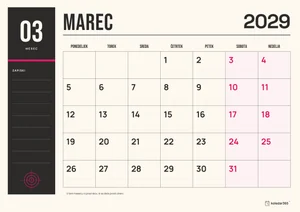 Mesečni koledar za marec 2029, tiskarska izdaja, z dnevi od ponedeljka do nedelje.