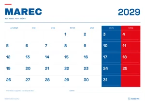 Mesečni koledar za marec 2029, slovenski ritem, z dnevi od ponedeljka do nedelje.