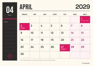 Mesečni koledar za april 2029, tiskarska izdaja, z dnevi od ponedeljka do nedelje.