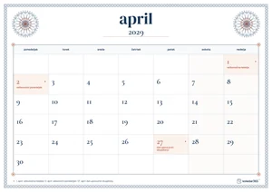 Mesečni koledar za april 2029, čipkasti rob, z dnevi od ponedeljka do nedelje.