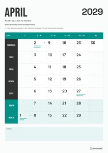 Mesečni koledar za april 2029, načrtovalnik po tednih, z dnevi od ponedeljka do nedelje.
