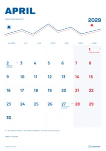 Mesečni koledar za april 2029, alpska linija, z dnevi od ponedeljka do nedelje.