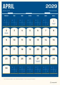 Mesečni koledar za april 2029, mestni ritem, z dnevi od ponedeljka do nedelje.