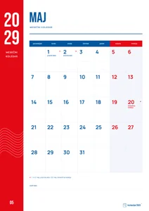 Mesečni koledar za maj 2029, rdeči trak, z dnevi od ponedeljka do nedelje.