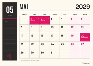 Mesečni koledar za maj 2029, tiskarska izdaja, z dnevi od ponedeljka do nedelje.