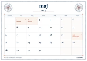 Mesečni koledar za maj 2029, čipkasti rob, z dnevi od ponedeljka do nedelje.