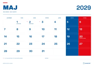 Mesečni koledar za maj 2029, slovenski ritem, z dnevi od ponedeljka do nedelje.
