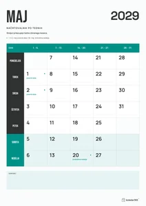 Mesečni koledar za maj 2029, načrtovalnik po tednih, z dnevi od ponedeljka do nedelje.
