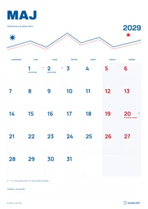 Mesečni koledar za maj 2029, alpska linija, z dnevi od ponedeljka do nedelje.
