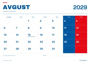 Mesečni koledar za avgust 2029, slovenski ritem, z dnevi od ponedeljka do nedelje.