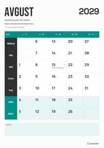 Mesečni koledar za avgust 2029, načrtovalnik po tednih, z dnevi od ponedeljka do nedelje.